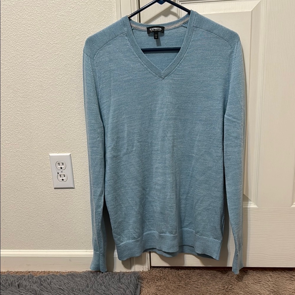 Express Blue V-Neck Sweater Lightweight Knit